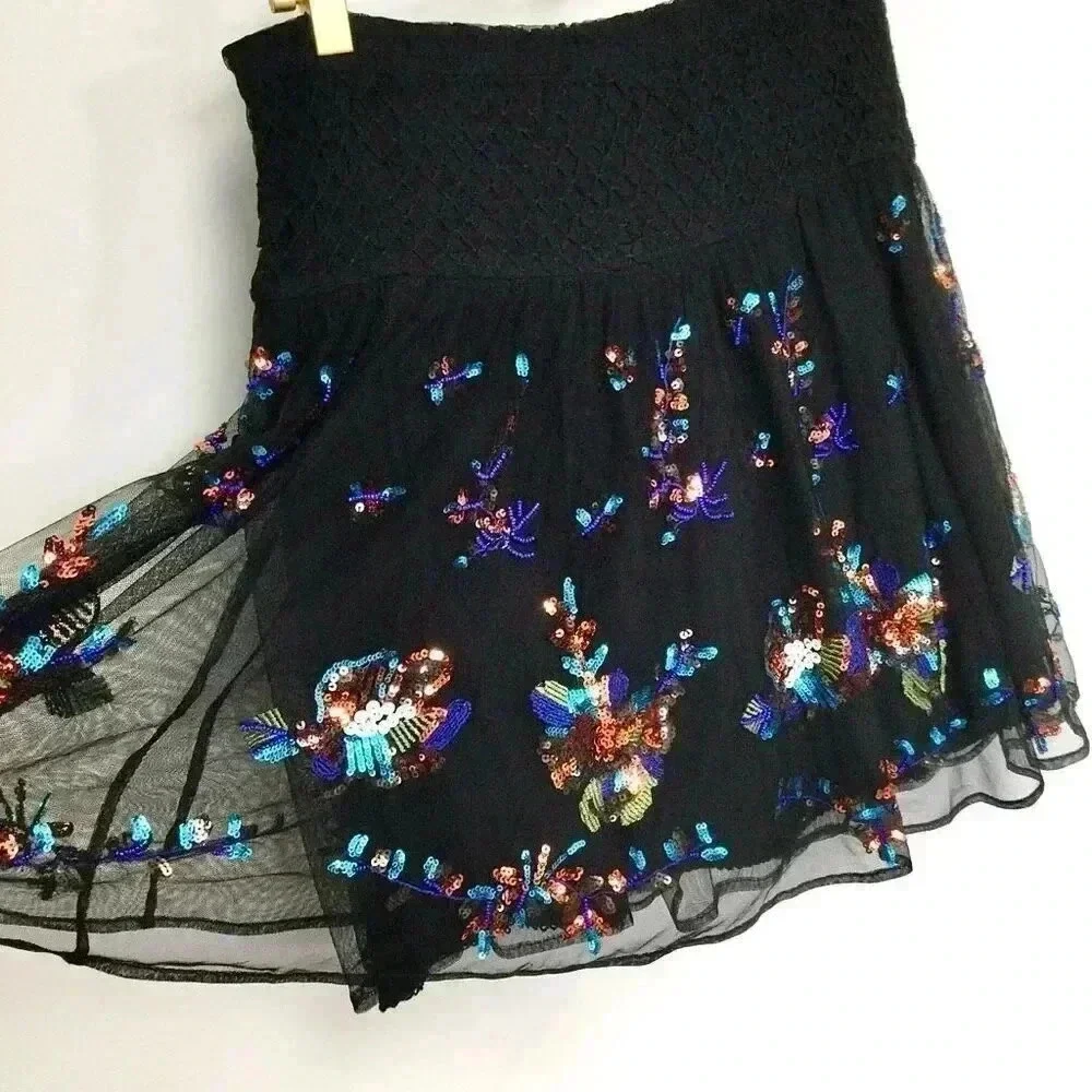 Anthropologie Womens Size XS Sequin Mini Skirt‎ Black Tulle Embroidered Flowy